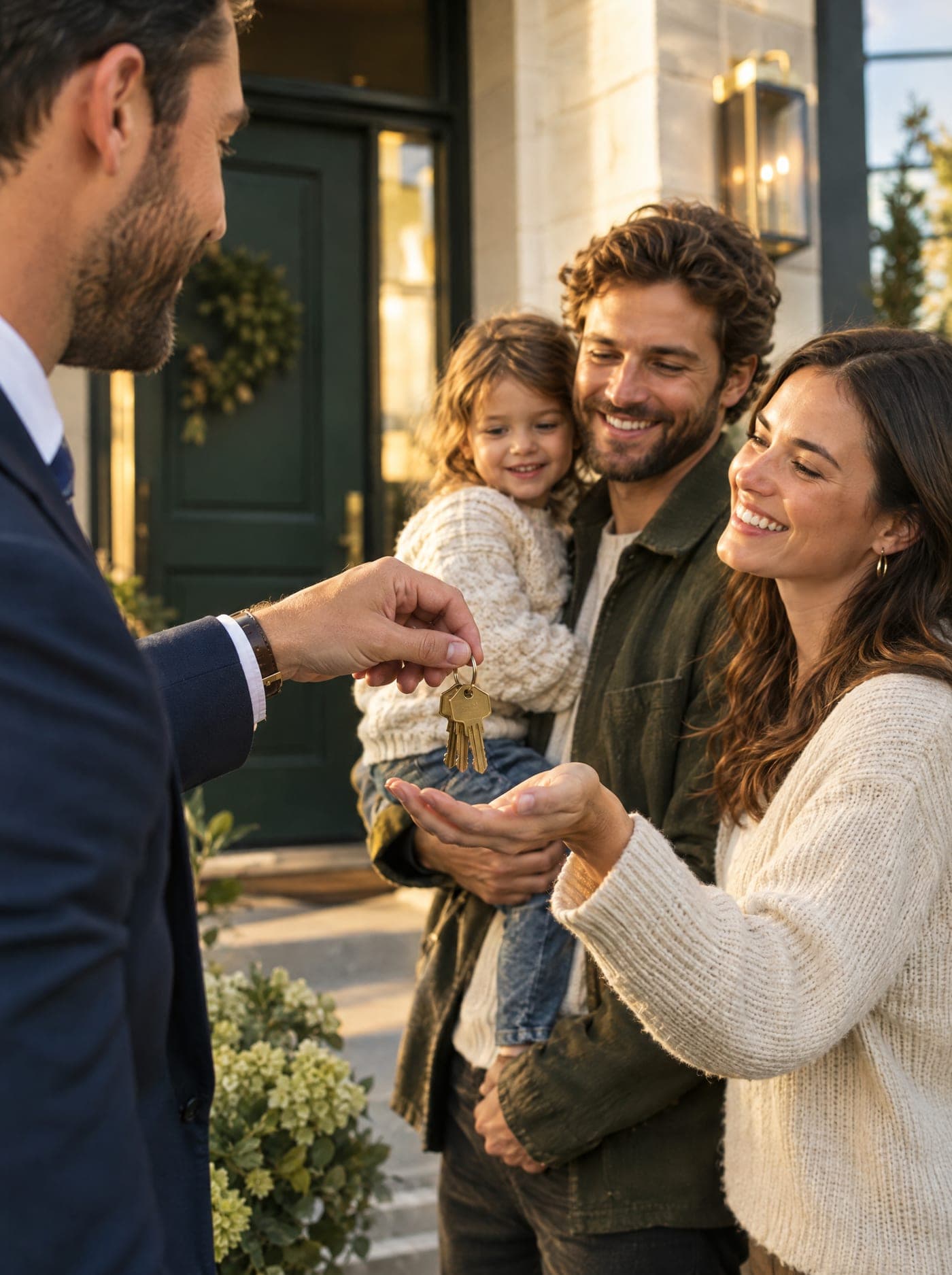 An agent handing the keys of a new home to a young family