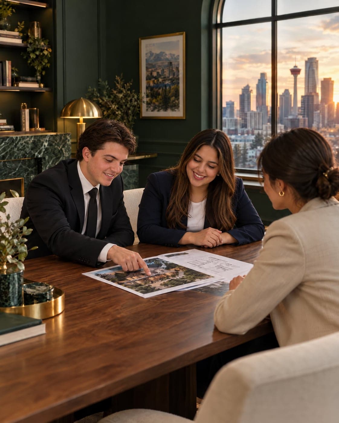 Two Estavio agents walking a client through a listing at the office, the Calgary skyline at sunset behind them