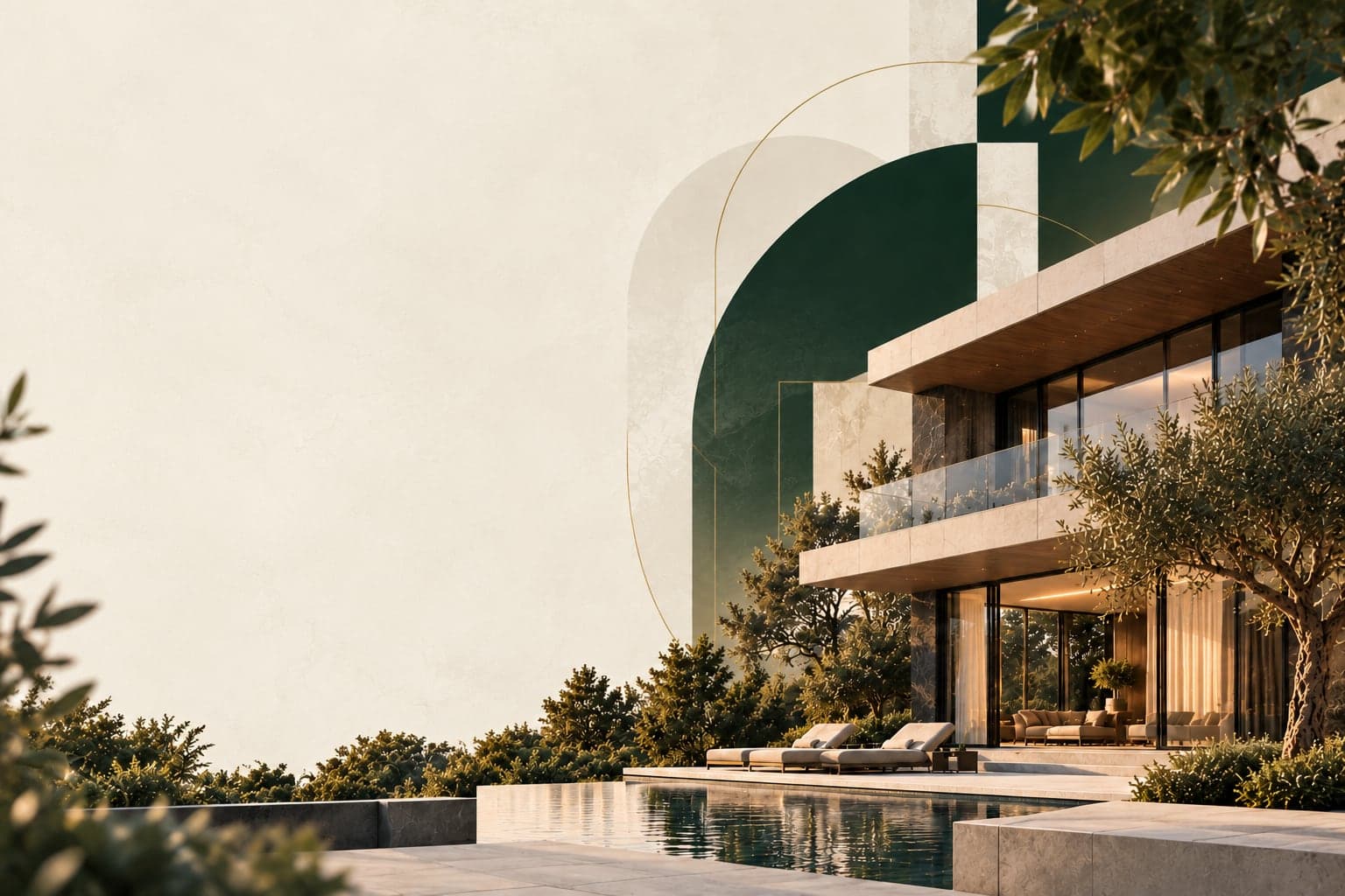A modern home with a pool, framed by olive trees and the Estavio arch