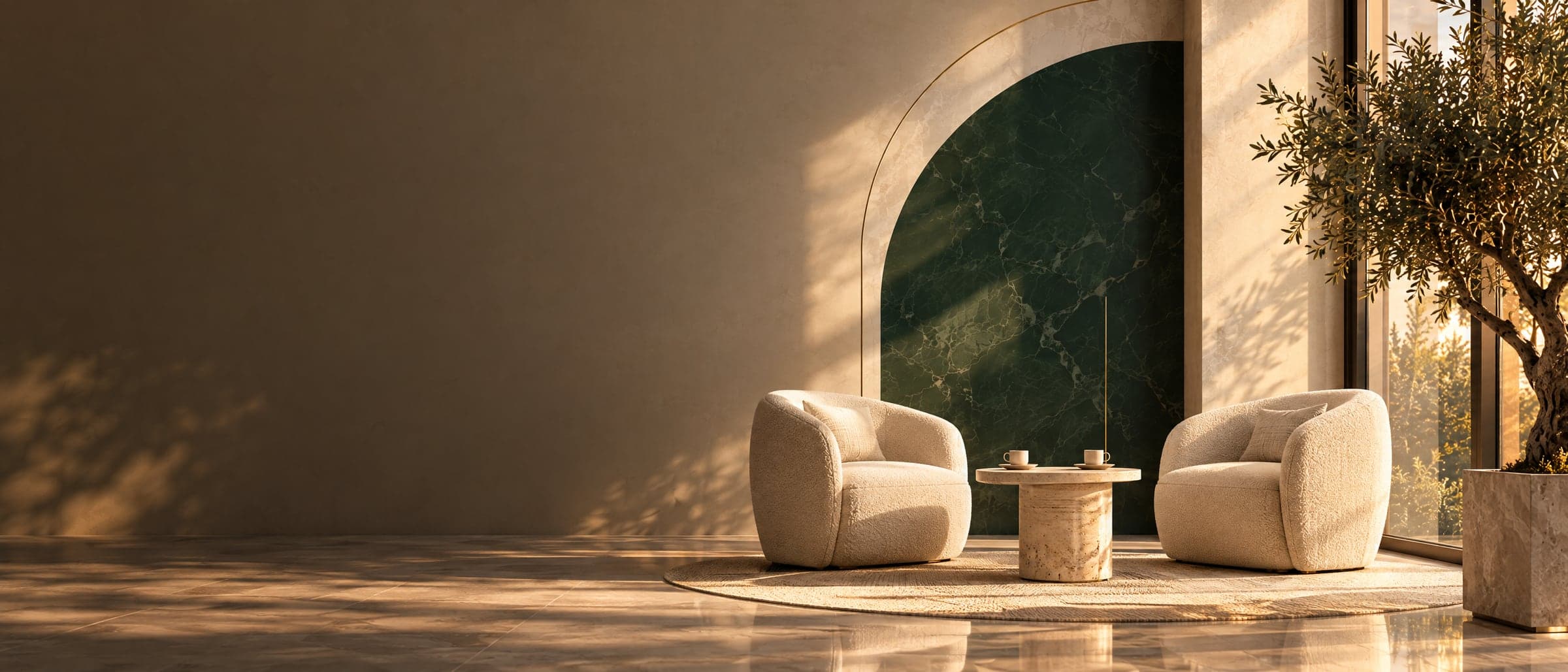A quiet meeting nook with two armchairs beside a green marble arch