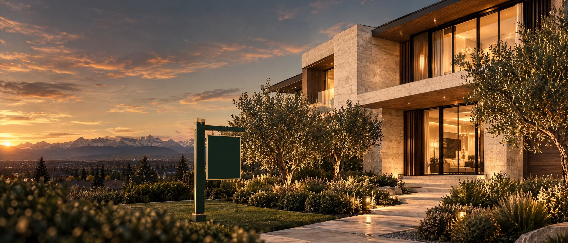 A contemporary Calgary home at dusk with the Rockies on the horizon
