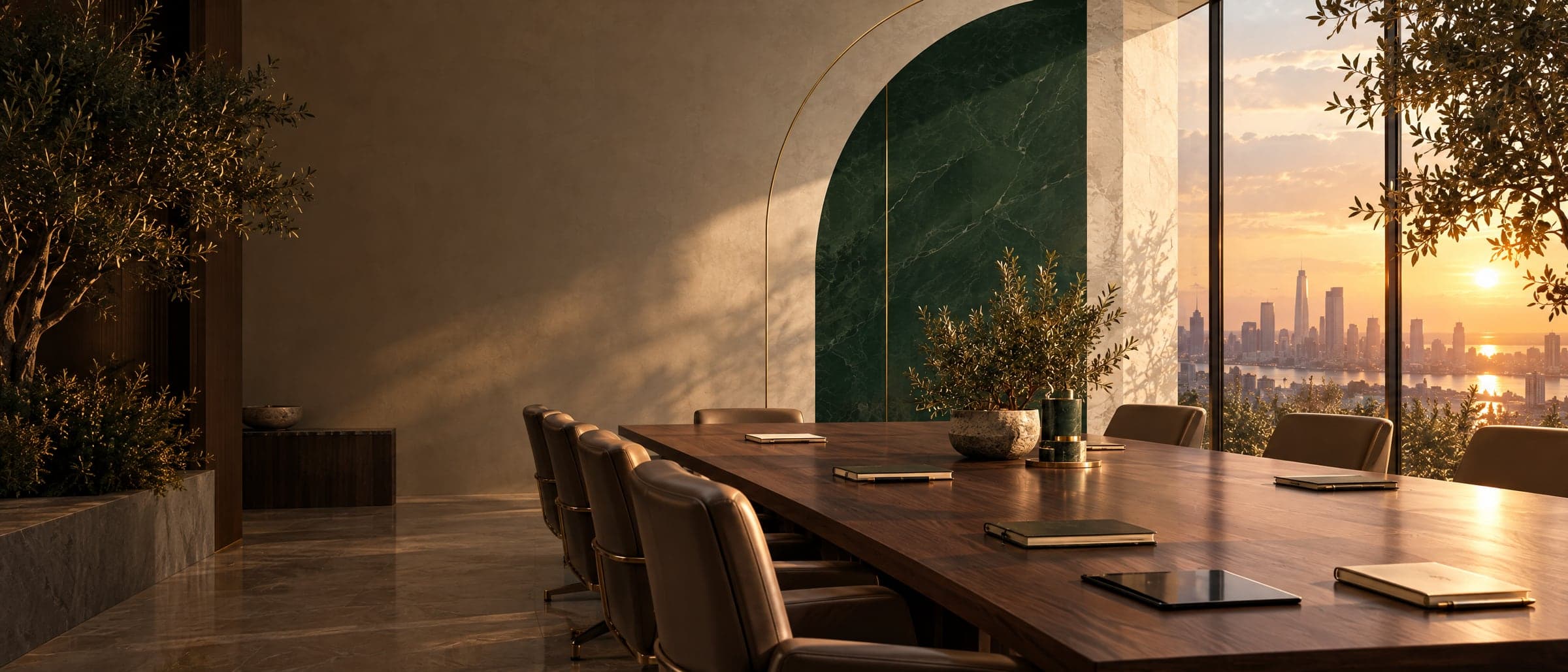 A boardroom with a green marble arch overlooking the Calgary skyline at sunset