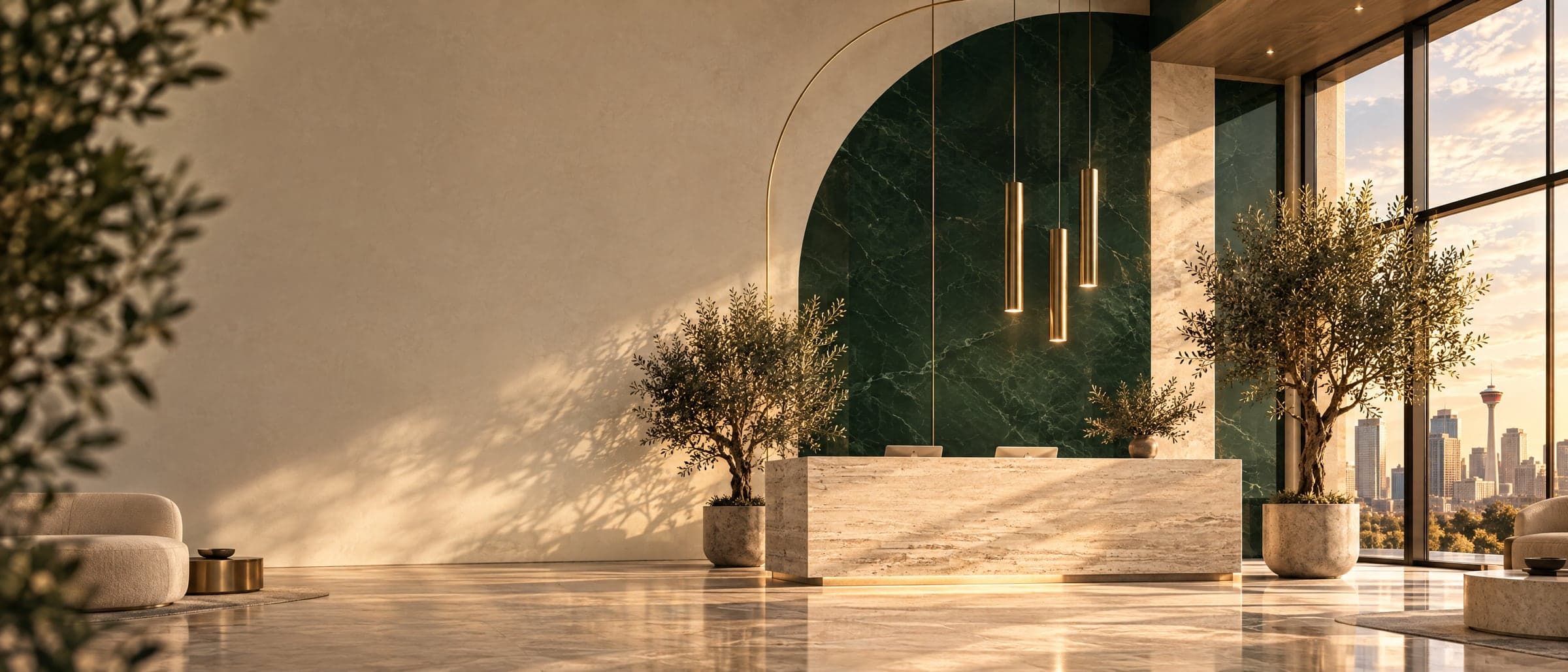 A calm Estavio office with green marble arches and a view of the Calgary Tower